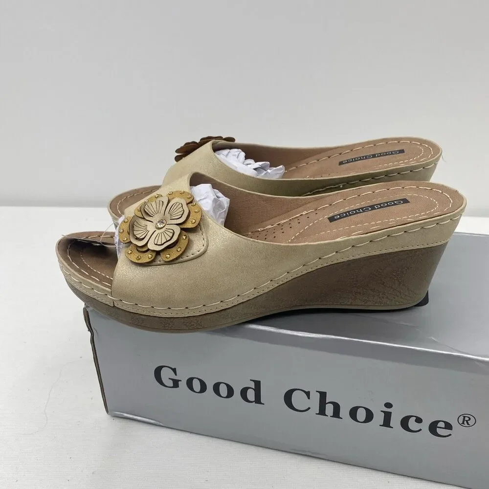 Good Choice Shoes Women's Naples Flower Wedge Sandals Size 7.5 Natural